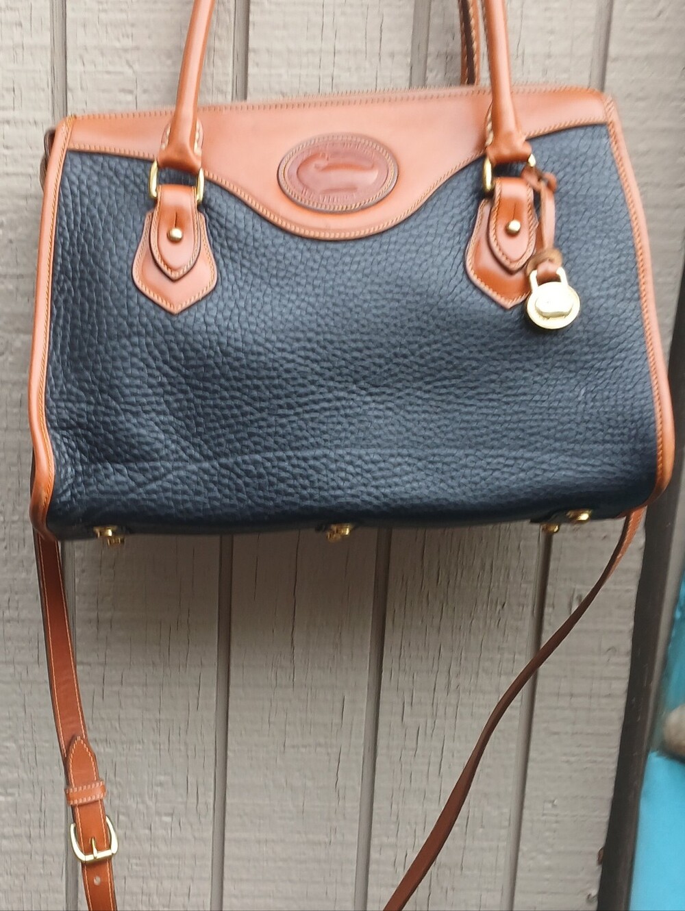 Dooney & Bourke Black Pebbled Leather Satchel with Brown Trim